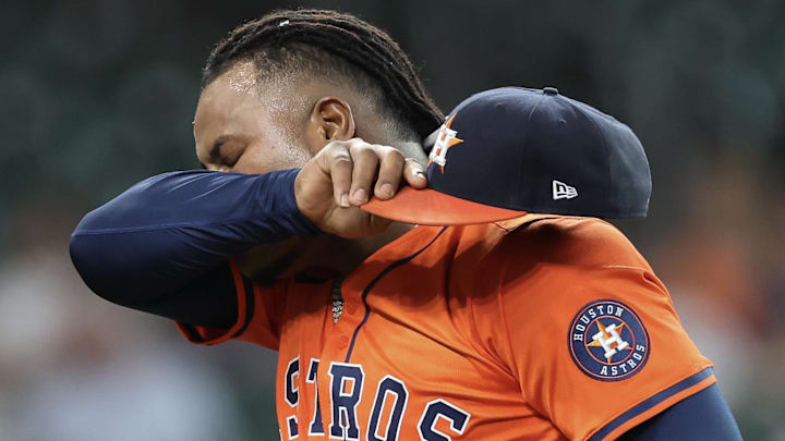 May 13, 2025; Houston, Texas, USA; Houston Astros starting pitcher Framber Valdez (59) wipes his brow after pitching against the Kansas City Royals in the first inning at Daikin Park May 13, 2025; Houston, Texas, USA; Houston Astros starting pitcher Framber Valdez (59) wipes his brow after pitching against the Kansas City Royals in the first inning at Daikin Park