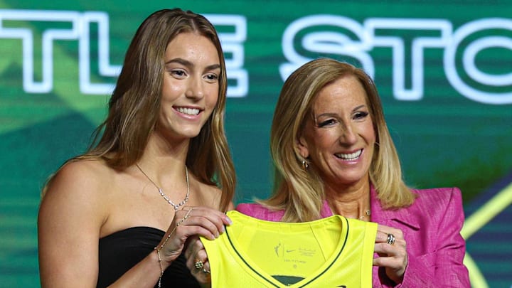Apr 14, 2025; New York, New York, USA; Serena Sundell poses with WNBA commissioner Cathy Engelbert after being selected with the number twenty six overall pick to the Seattle Storm in the 2025 WNBA Draft at The Shed at Hudson Yards. Mandatory Credit: Vincent Carchietta-Imagn Images