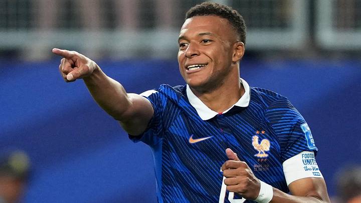  June 22, 2026; Philadelphia, Pennsylvania, U.S.; France's Kylian Mbappe celebrates scoring their second goal.  Mandatory Credit: James Lang-Imagn Images 