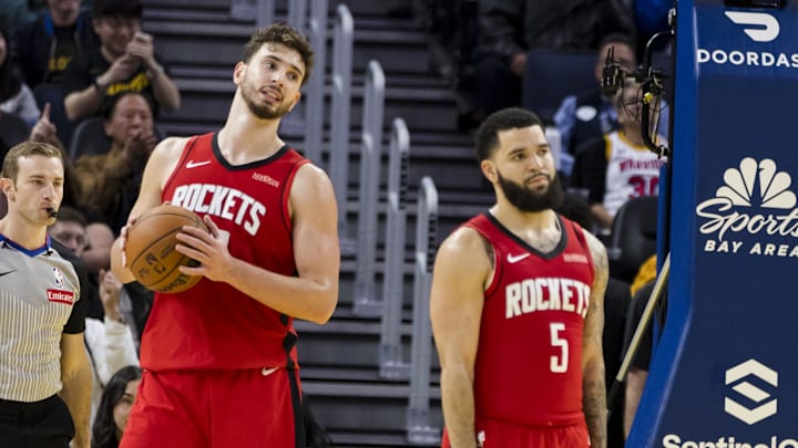 Dec 5, 2024; San Francisco, California, USA;  Houston Rockets center Alperen Sengun (28) and guard Fred VanVleet (5) reacts during the fourth quarter of the game against the Golden State Warriors at Chase Center. Mandatory Credit: John Hefti-Imagn Images