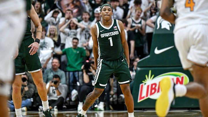 Michigan State's Jeremy Fears Jr. celebrates after a 3-pointer against San Jose State during the second half on Thursday, Nov. 13, 2025, at the Breslin Center in East Lansing.