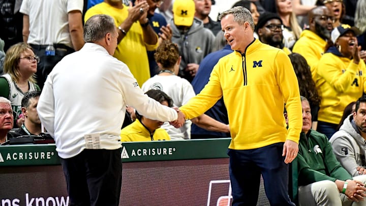 Michigan State's head coach Tom Izzo, left, shakes hands with Michigan's head coach Dusty May after the game on Friday, Jan. 30, 2026, at the Breslin Center in East Lansing. Michigan State's head coach Tom Izzo, left, shakes hands with Michigan's head coach Dusty May after the game on Friday, Jan. 30, 2026, at the Breslin Center in East Lansing.