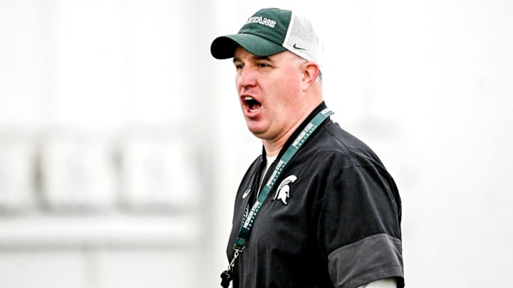 Michigan State's head coach Pat Fitzgerald calls out to players during spring football practice on Tuesday, April 14, 2026, in East Lansing.