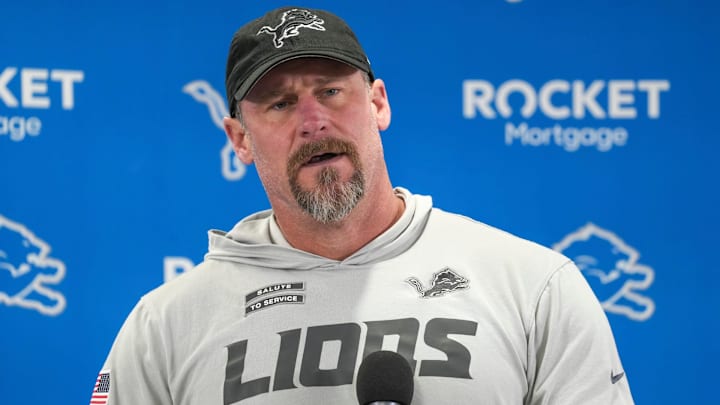 Detroit Lions head coach Dan Campbell speaks to members of the media at the Detroit Lions practice facility in Allen Park.