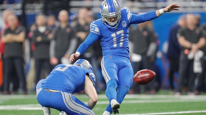 Jan 21, 2024; Detroit, Michigan, USA; Detroit Lions place kicker Michael Badgley (17) attempts a field goal against Tampa Bay Buccaneers during the first half in a 2024 NFC divisional round game at Ford Field. Mandatory Credit: Junfu Han-Imagn Images