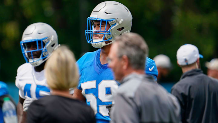 Detroit Lions owner Sheila Hamp looks on as newly drafted offensive tackle, Tongan American Giovanni Manu (59), works out on Wednesday, June 5, 2024, at the Lions' Allen Park practice facility during mini-camp practice.