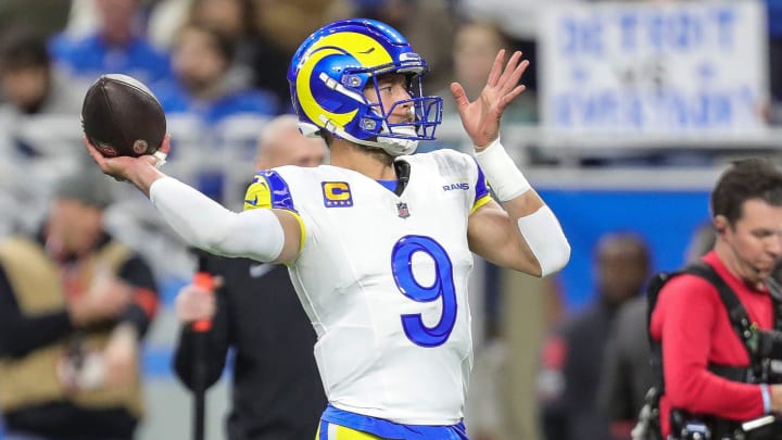 Rams quarterback Matthew Stafford during warmups before the NFC wild-card game at Ford Field on Sunday, Jan, 14, 2024.