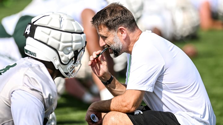 Michigan State's defensive coordinator Joe Rossi looks on during the first day of football camp on Tuesday, July 30, 2024, in East Lansing. Michigan State's defensive coordinator Joe Rossi looks on during the first day of football camp on Tuesday, July 30, 2024, in East Lansing.