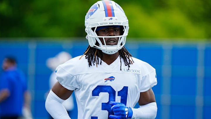Buffalo Bills Maxwell Hairston jogs to another area of the field during voluntary workout at their practice facility.