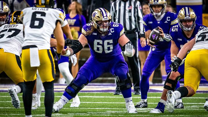 Landen Hatchett provides pass protection for UW quarterback Demond Williams Jr. Landen Hatchett provides pass protection for UW quarterback Demond Williams Jr.