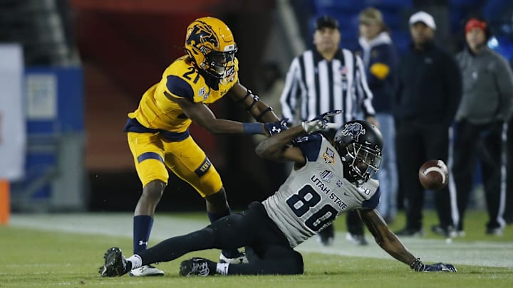 Dec 20, 2019; Frisco, TX, USA; Utah State Aggies wide receiver Siaosi Mariner (80) attempts to catch