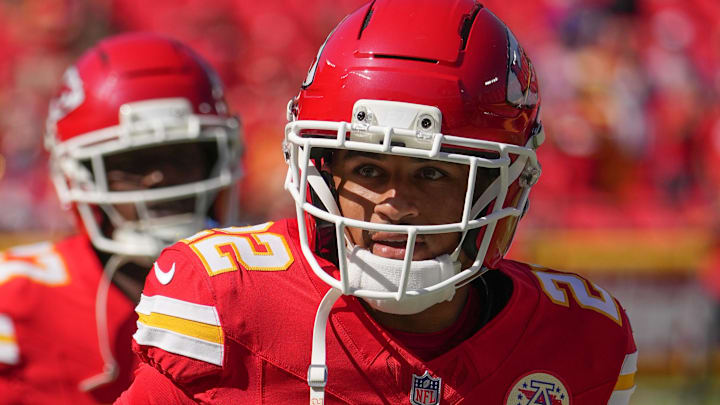 Sep 28, 2025; Kansas City, Missouri, USA; Kansas City Chiefs cornerback Trent McDuffie (22) runs on field for warm ups against the Baltimore Ravens prior to a game during the game at GEHA Field at Arrowhead Stadium. Mandatory Credit: Denny Medley-Imagn Images