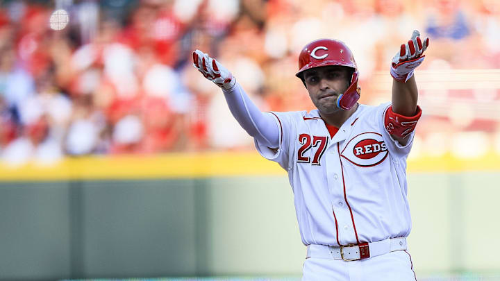 Mar 26, 2026; Cincinnati, Ohio, USA; Cincinnati Reds first baseman Sal Stewart (27) reacts after hitting a double in the eighth inning against the Boston Red Sox at Great American Ball Park. Mandatory Credit: Katie Stratman-Imagn Images
