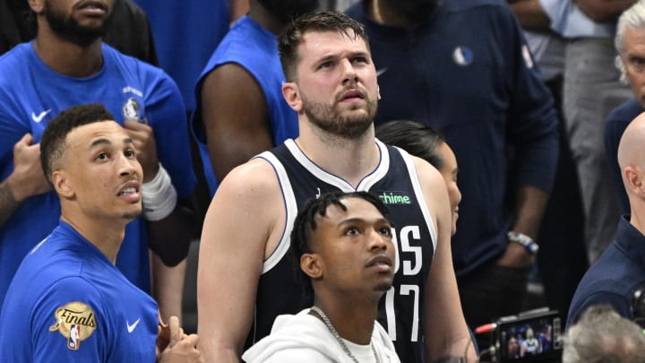 Jun 12, 2024; Dallas, Texas, USA; Dallas Mavericks guard Luka Doncic (77) reacts after fouling out during the fourth quarter in game three of the 2024 NBA Finals against the Boston Celtics at American Airlines Center. Mandatory Credit: Jerome Miron-USA TODAY Sports