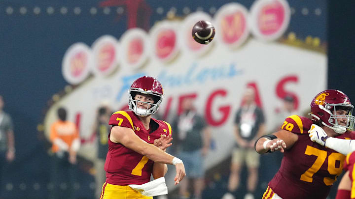 Sep 1, 2024; Paradise, Nevada, USA; Southern California Trojans quarterback Miller Moss (7) throws a pass against the LSU Tigers during the fourth quarter at Allegiant Stadium. Mandatory Credit: Stephen R. Sylvanie-Imagn Images Sep 1, 2024; Paradise, Nevada, USA; Southern California Trojans quarterback Miller Moss (7) throws a pass against the LSU Tigers during the fourth quarter at Allegiant Stadium. Mandatory Credit: Stephen R. Sylvanie-Imagn Images