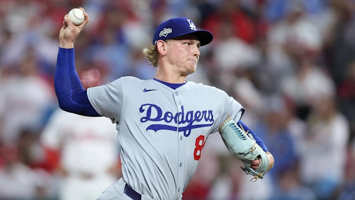 Los Angeles Dodgers pitcher Emmet Sheehan (80) throws a pitch against the Philadelphia Phillies in the seventh inning during game two of the NLDS round for the 2025 MLB playoffs at Citizens Bank Park. Los Angeles Dodgers pitcher Emmet Sheehan (80) throws a pitch against the Philadelphia Phillies in the seventh inning during game two of the NLDS round for the 2025 MLB playoffs at Citizens Bank Park.