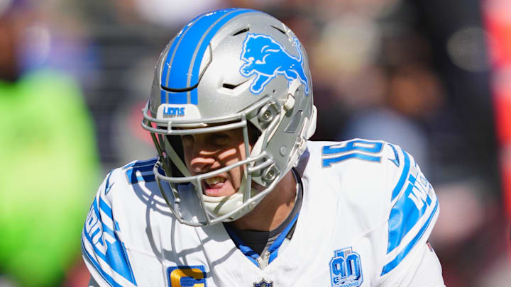 Oct 22, 2023; Baltimore, Maryland, USA; Baltimore Ravens cornerback Arthur Maulet (10) sacks Detroit Lions quarterback Jared Goff (16) in the first quarter at M&T Bank Stadium. Mandatory Credit: Mitch Stringer-Imagn Images