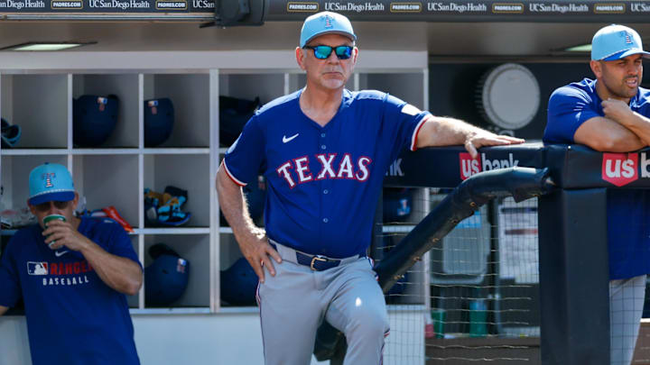 Jul 4, 2025; San Diego, California, USA; Texas Rangers manager Bruce Bochy (15) watches play during the second inning against the San Diego Padres at Petco Park.
