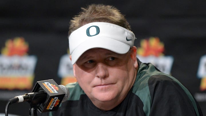 Jan 3, 2013; Glendale, AZ, USA; Oregon Ducks coach Chip Kelly at press conference after the 2013 Fiesta Bowl against the Kansas State Wildcats at University of Phoenix Stadium. Oregon defeated Kansas 35-17. Mandatory Credit: Kirby Lee/Image of Sport-Imagn Images