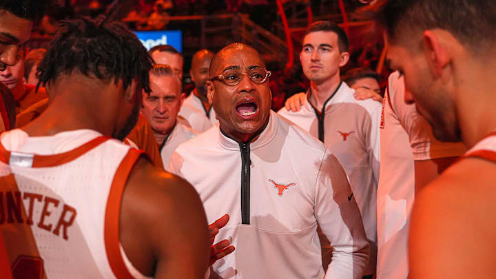 Texas Longhorns head coach Rodney Terry talks to his team ahead of the game against the Wyoming Cowboys at the Moody Center on Sunday, Nov. 26, 2023 in Austin.