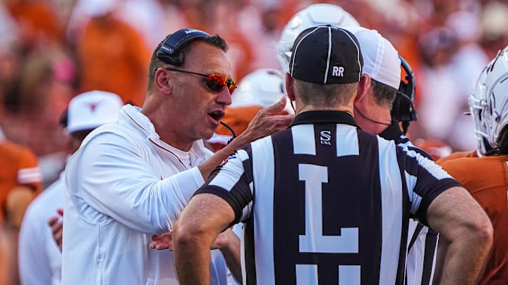 Texas Longhorns head coach Steve Sarkisian argues with officials during a game the against Mississippi State Bulldogs at Darrell K Royal-Texas Memorial Stadium. Texas Longhorns head coach Steve Sarkisian argues with officials during a game the against Mississippi State Bulldogs at Darrell K Royal-Texas Memorial Stadium.