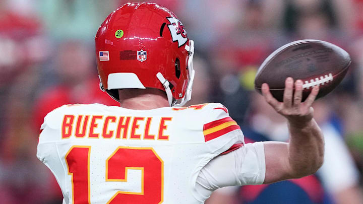 Aug 19, 2023; Glendale, Arizona, USA; Kansas City Chiefs quarterback Shane Buechele (12) passes the