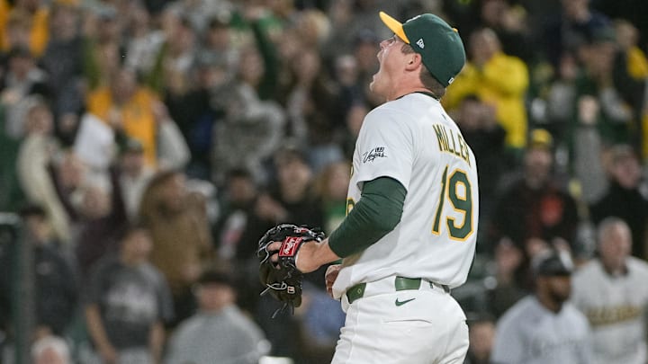 Apr 25, 2025; West Sacramento, California, USA; Athletics pitcher Mason Miller (19) celebrates after defeating the Chicago White Sox at Sutter Health Park. Mandatory Credit: Ed Szczepanski-Imagn Images Apr 25, 2025; West Sacramento, California, USA; Athletics pitcher Mason Miller (19) celebrates after defeating the Chicago White Sox at Sutter Health Park. Mandatory Credit: Ed Szczepanski-Imagn Images