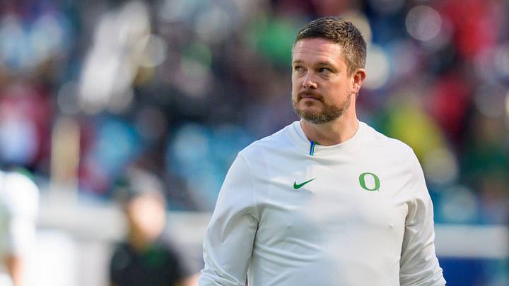 Oregon head coach Dan Lanning walks the field during warmups as the Oregon Ducks take on the Texas Tech Red Raiders in the Orange Bowl on Jan. 1, 2026, at Hard Rock Stadium in Miami, Florida.