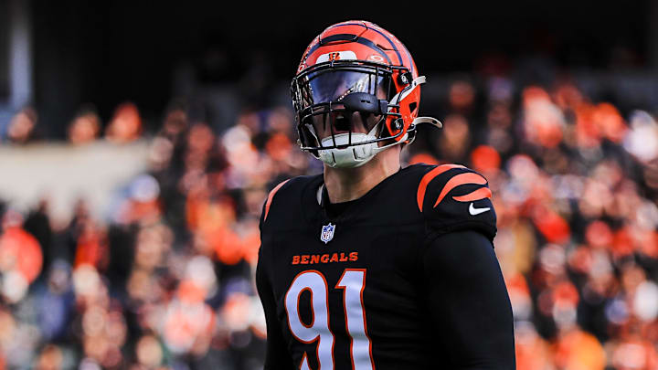 Dec 22, 2024; Cincinnati, Ohio, USA; Cincinnati Bengals defensive end Trey Hendrickson (91) runs onto the field before the game against the Cleveland Browns at Paycor Stadium. Mandatory Credit: Katie Stratman-Imagn Images