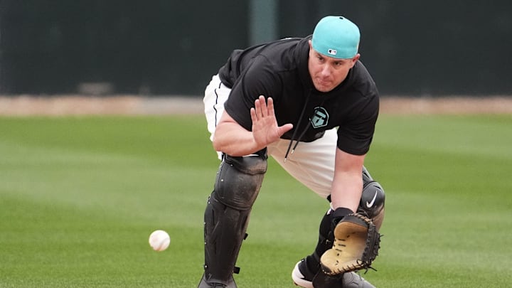 Arizona Diamondbacks catcher James McCann (8) takes infield practice during spring training workouts at Salt River Fields on Feb. 13, 2026, Scottsdale.