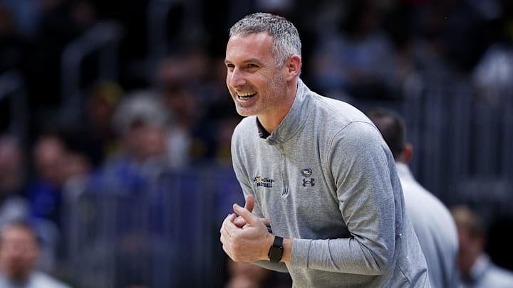 March 20, 2025; Denver, CO, USA; UC San Diego Tritons head coach Eric Olen reacts during the second half against the Michigan Wolverines at Ball Arena. Mandatory Credit: Isaiah J. Downing-Imagn Images
