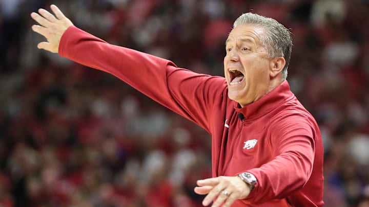 Arkansas Razorbacks head coach John Calipari during the second quarter against the Kansas Jayhawks at Bud Walton Arena. 