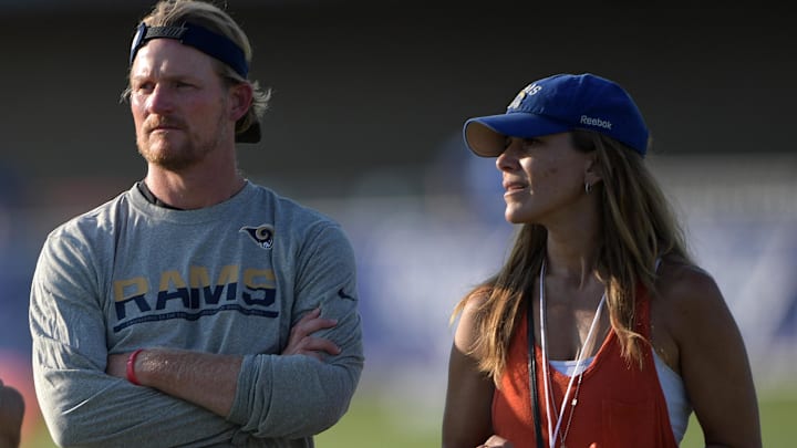 Los Angeles Rams general manager Les Snead (left) and wife Kara Henderson Snead at training camp.