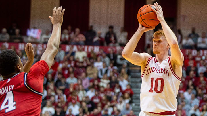 Indiana's Luke Goode (10) shoots over Rutgers' Ace Bailey (4) during the Indiana versus Rutgers men's basketball game at Simon Skjodt Assembly Hall on Thursday, Jan. 2, 2025.