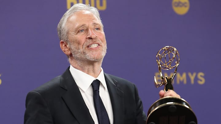 Sep 15, 2024; Los Angeles, CA, USA; Jon Stewart, winner of the Outstanding Talk Series for The Daily Show, at the 76th Emmy Awards at the Peacock Theater on Sunday, Sept. 15, 2024 in Los Angeles,. Mandatory Credit: Dan MacMedan-USA TODAY Sep 15, 2024; Los Angeles, CA, USA; Jon Stewart, winner of the Outstanding Talk Series for The Daily Show, at the 76th Emmy Awards at the Peacock Theater on Sunday, Sept. 15, 2024 in Los Angeles,. Mandatory Credit: Dan MacMedan-USA TODAY