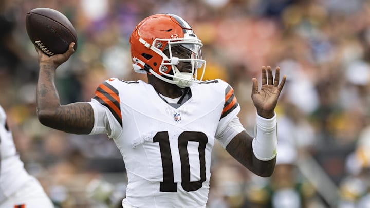 Aug 10, 2024; Cleveland, Ohio, USA; Cleveland Browns quarterback Tyler Huntley (10) throws the ball against the Green Bay Packers during the second quarter at Cleveland Browns Stadium.
