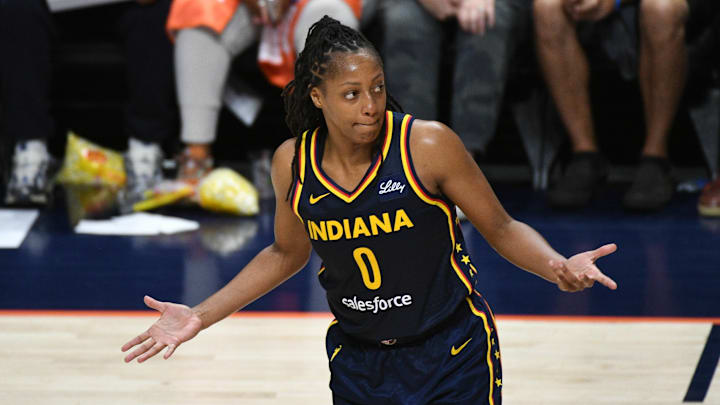 Indiana Fever guard Kelsey Mitchell (0) reacts during a September 22, 2024 game.