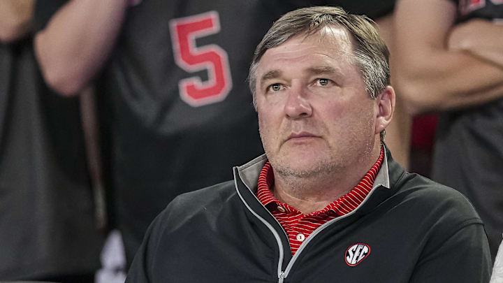 Feb 25, 2025; Athens, Georgia, USA; Georgia Bulldogs head football coach Kirby Smart watches the basketball game between Georgia and the Florida Gators during the second half at Stegeman Coliseum. Mandatory Credit: Dale Zanine-Imagn Images Feb 25, 2025; Athens, Georgia, USA; Georgia Bulldogs head football coach Kirby Smart watches the basketball game between Georgia and the Florida Gators during the second half at Stegeman Coliseum. Mandatory Credit: Dale Zanine-Imagn Images