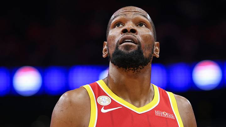 Oct 21, 2026; Houston, Texas, USA; A patch is visible on the jersey of Houston Rockets forward Kevin Durant (7) during the game against the Dallas Mavericks at Toyota Center.