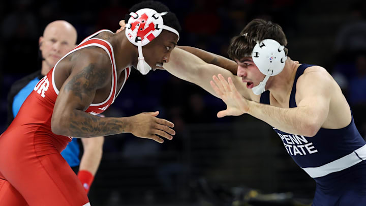 Nebraska Cornhuskers Antrell Taylor (left) wrestles Penn State Nittany Lions PJ Duke (right) in the 157-pound championship final of the Big Ten Wrestling Championships at Bryce Jordan Center. Nebraska Cornhuskers Antrell Taylor (left) wrestles Penn State Nittany Lions PJ Duke (right) in the 157-pound championship final of the Big Ten Wrestling Championships at Bryce Jordan Center.