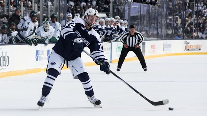 Jan 31, 2026; State College, PA, USA; Penn State Nittany Lions forward Gavin McKenna (72) looks to shoot the puck during the first period against the Michigan State Spartans at Beaver Stadium. 
