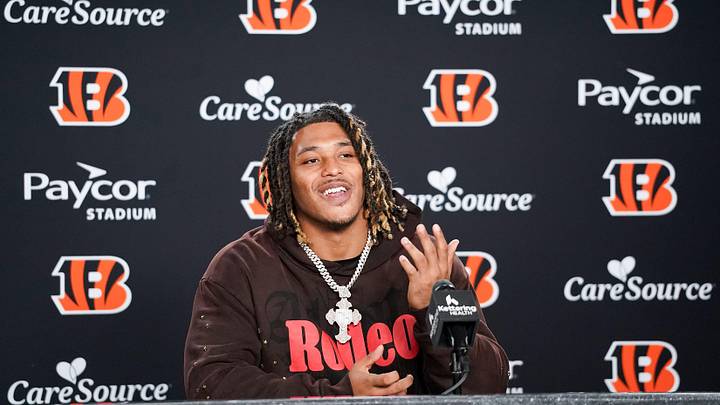 Cincinnati Bengals second round pick Cashius Howell speaks with media during the 2026 NFL Draft, Saturday, April 25, 2026, at Paycor Stadium in downtown Cincinnati.
