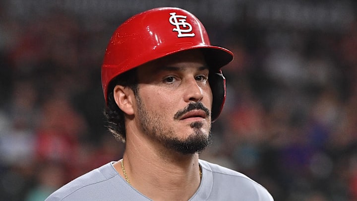 Jul 18, 2025; Phoenix, Arizona, USA; St. Louis Cardinals third base Nolan Arenado (28) looks on in the first inning against the Arizona Diamondbacks at Chase Field. Mandatory Credit: Matt Kartozian-Imagn Images