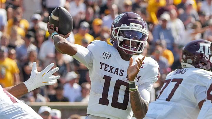Oct 10, 2026; Columbia, Missouri, USA; Texas A&M Aggies quarterback Marcel Reed (10) throws a pass against the Missouri Tigers during the second half of the game at Faurot Field at Memorial Stadium. Mandatory Credit: Denny Medley-Imagn Images Oct 10, 2026; Columbia, Missouri, USA; Texas A&M Aggies quarterback Marcel Reed (10) throws a pass against the Missouri Tigers during the second half of the game at Faurot Field at Memorial Stadium. Mandatory Credit: Denny Medley-Imagn Images