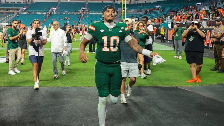 Sep 26, 2026; Miami Gardens, Florida, USA; Miami Hurricanes quarterback Darian Mensah (10) celebrates after the game against the Central Michigan Chippewas at Hard Rock Stadium. Mandatory Credit: Sam Navarro-Imagn Images