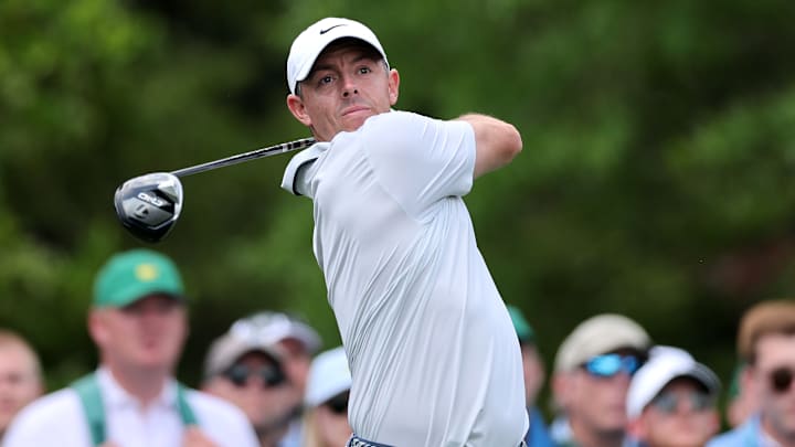 Rory McIlroy tees off during the third round of the 2025 Masters at Augusta National Golf Club