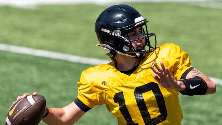Iowa quarterback Jeremy Hecklinski (10) passes the football April 25, 2026 during the team’s spring practice at Kinnick Stadium in Iowa City, Iowa. Iowa quarterback Jeremy Hecklinski (10) passes the football April 25, 2026 during the team’s spring practice at Kinnick Stadium in Iowa City, Iowa.