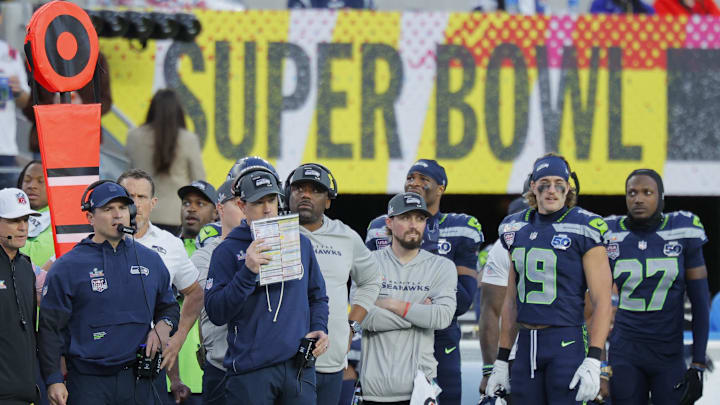 Feb 8, 2026; Santa Clara, CA, USA;  Seattle Seahawks head coach Mike MacDonald on the sideline against the New England Patriots during Super Bowl LX
