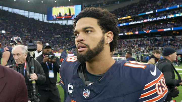 Oct 13, 2024; London, United Kingdom; Chicago Bears quarterback Caleb Williams (18) on the field after an NFL International Series game at Tottenham Hotspur Stadium. Mandatory Credit: Peter van den Berg-Imagn Images Oct 13, 2024; London, United Kingdom; Chicago Bears quarterback Caleb Williams (18) on the field after an NFL International Series game at Tottenham Hotspur Stadium. Mandatory Credit: Peter van den Berg-Imagn Images