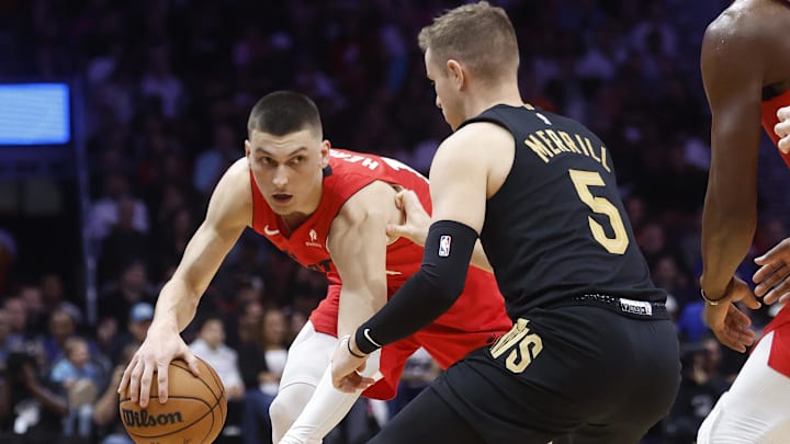Dec 8, 2024; Miami, Florida, USA; Cleveland Cavaliers guard Sam Merrill (5) defends Miami Heat guard Tyler Herro (14) during the second half at Kaseya Center. Mandatory Credit: Rhona Wise-Imagn Images Dec 8, 2024; Miami, Florida, USA; Cleveland Cavaliers guard Sam Merrill (5) defends Miami Heat guard Tyler Herro (14) during the second half at Kaseya Center. Mandatory Credit: Rhona Wise-Imagn Images